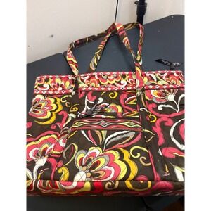 Vera Bradley Call Me Coral Quilted Cotton Zip Top Tote Bag Floral Shoulder Bag